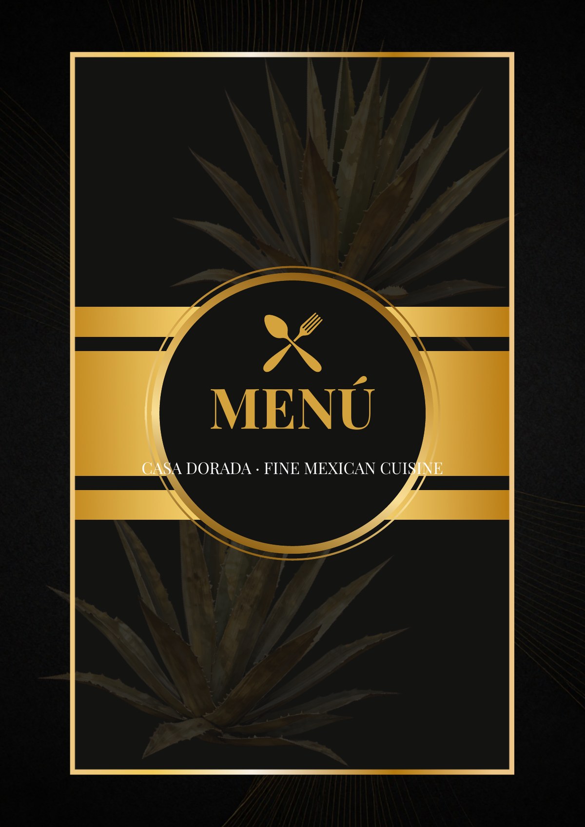Luxury restaurant menu cover in black and gold