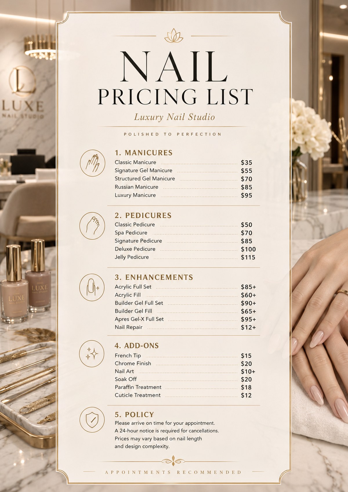 Luxury nail studio price list design