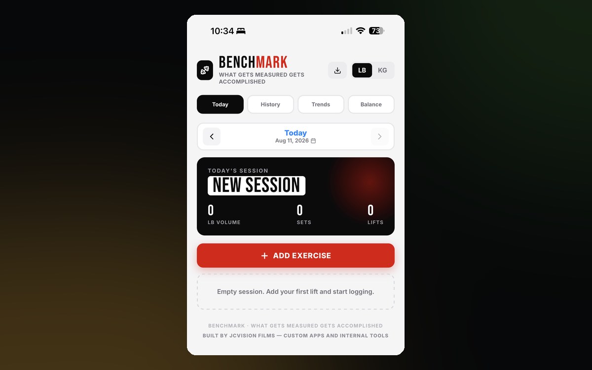 BENCHMARK workout tracker interface