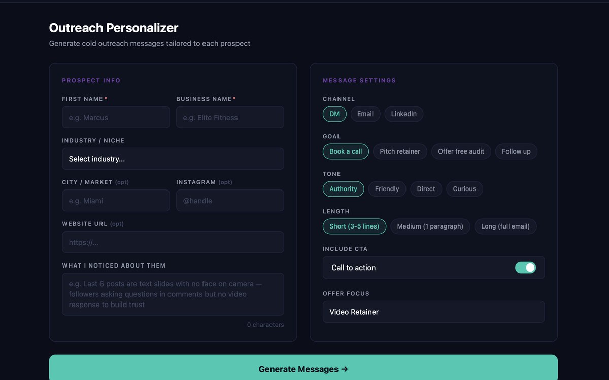 Outreach Personalizer message generator interface