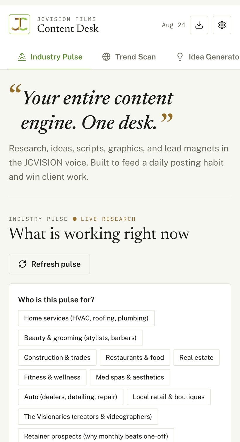 Content Desk interface — Industry Pulse live research view